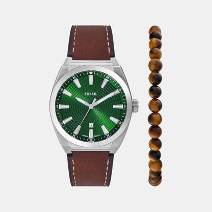 Fossil Everett Men Quartz Green Dial Analog Leather Watch Fs6080Set