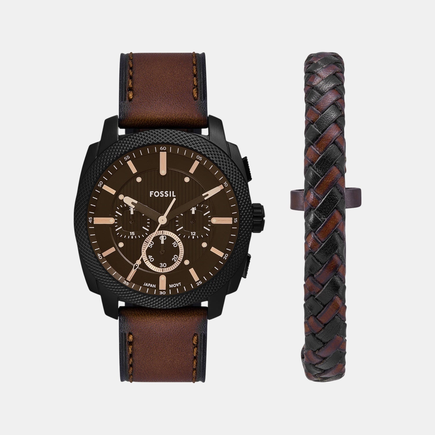 Fossil Machine Men Quartz Black Dial Chronograph Leather Watch Fs6102Set