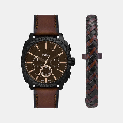 Fossil Machine Men Quartz Black Dial Chronograph Leather Watch Fs6102Set