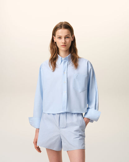Blue Cotton Cropped Embossed Ami De Coeur Shirt Women's