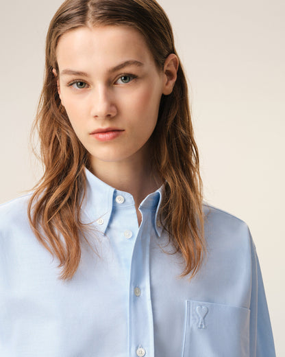 Blue Cotton Cropped Embossed Ami De Coeur Shirt Women's