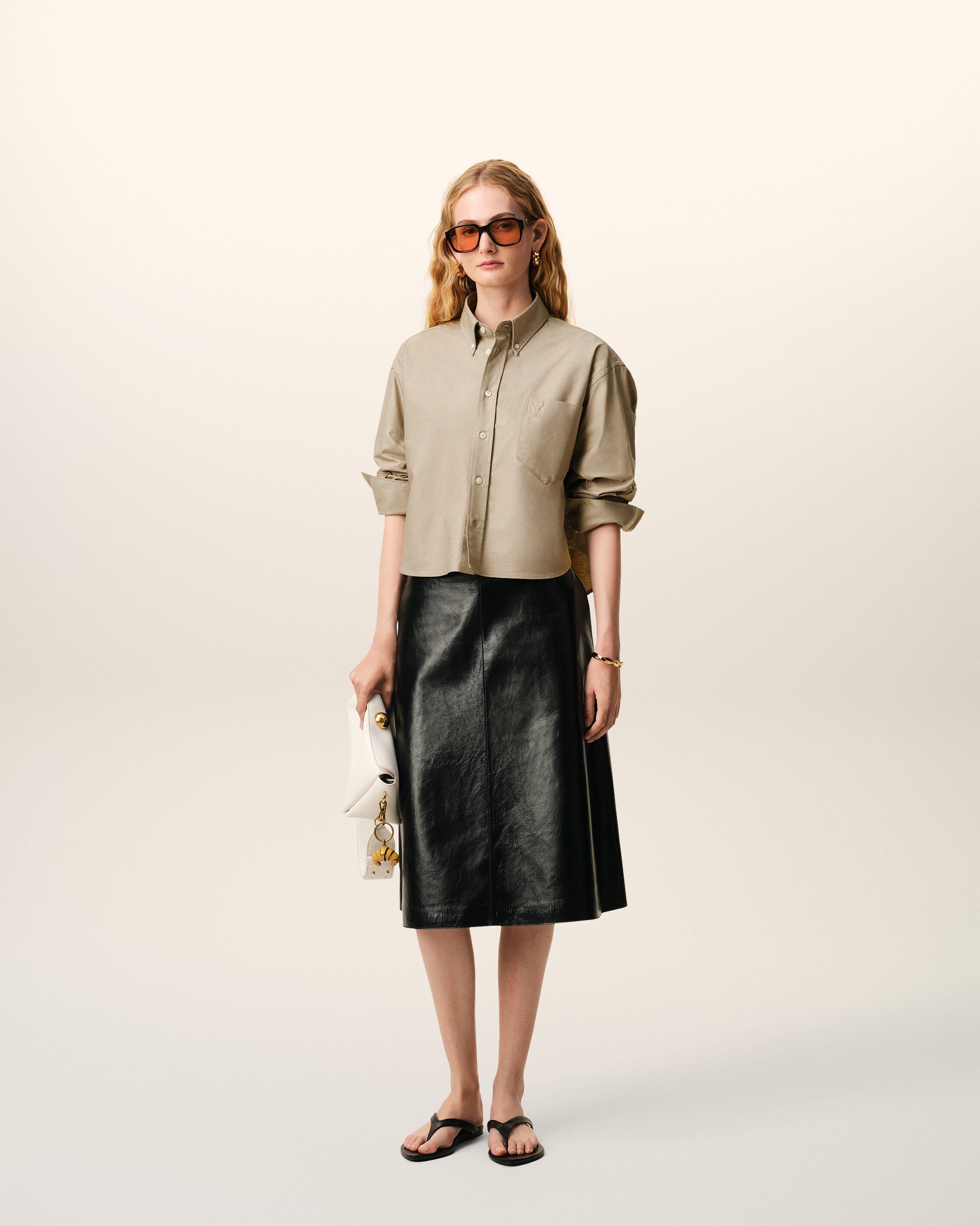 Beige Cotton Cropped Embossed Ami De Coeur Shirt Women's
