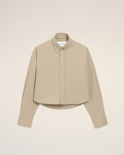 Beige Cotton Cropped Embossed Ami De Coeur Shirt Women's