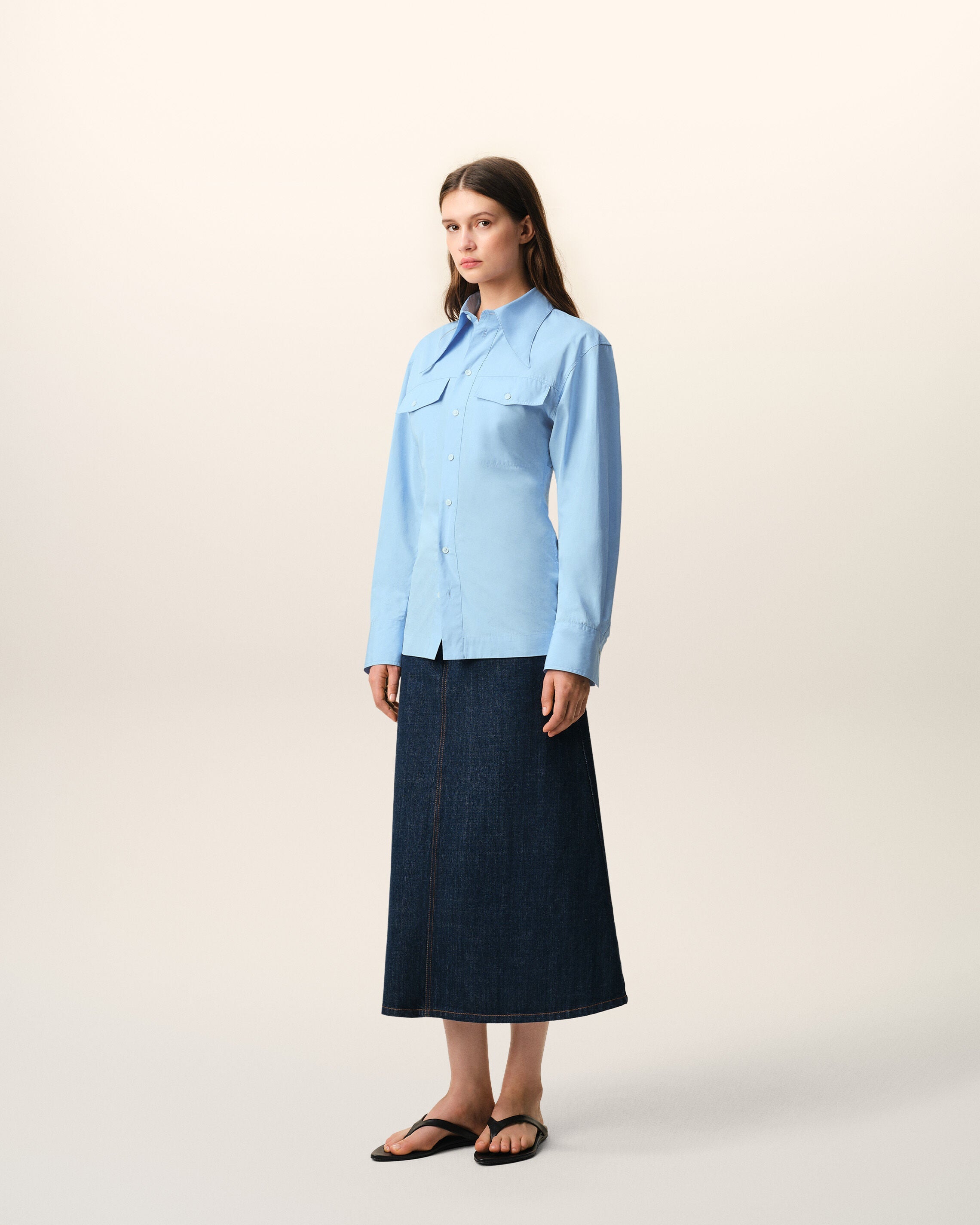 AmiParis Blue Cotton Sharp Collar Fitted Shirt Women's