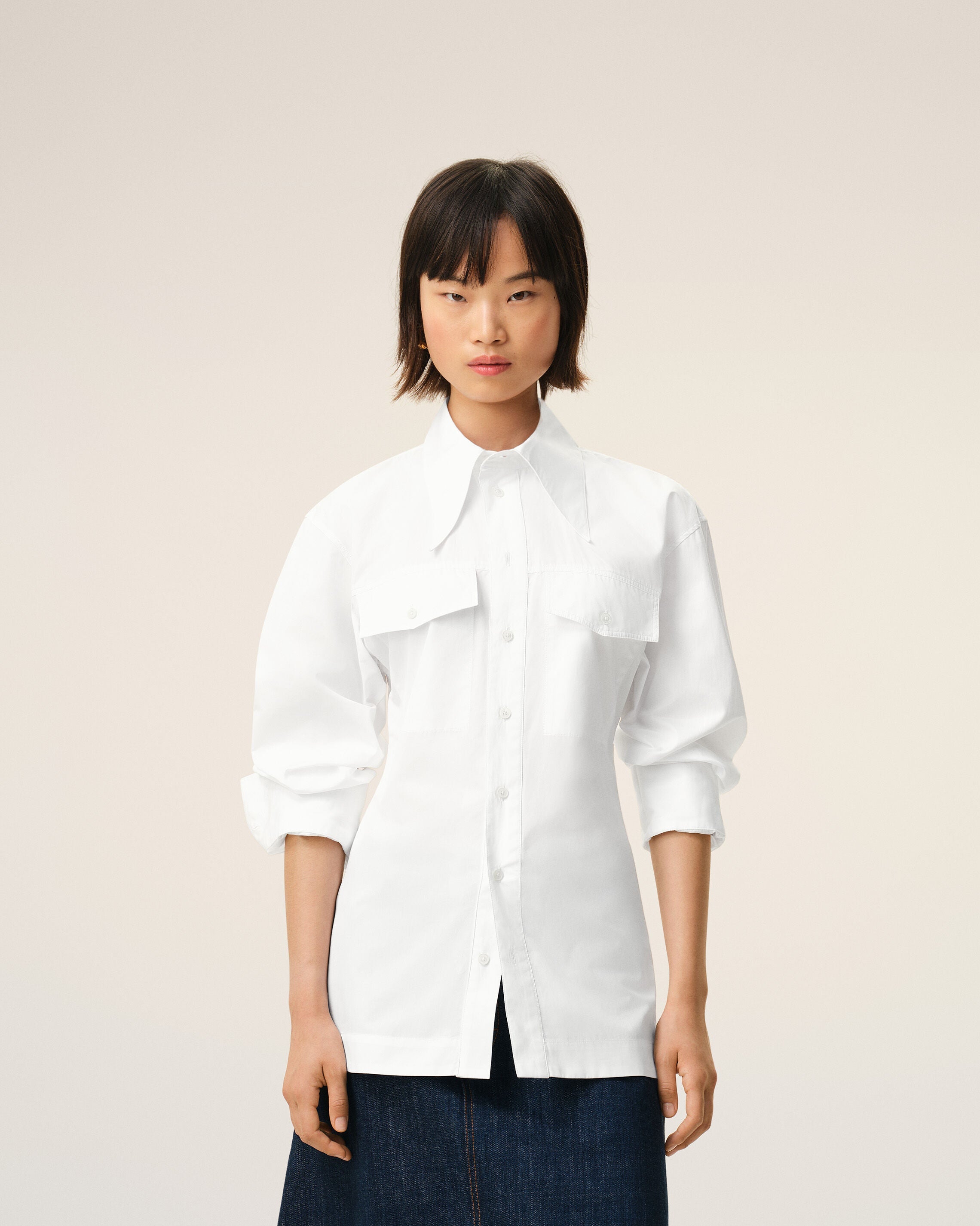 AmiParis White Cotton Sharp Collar Fitted Shirt Women's