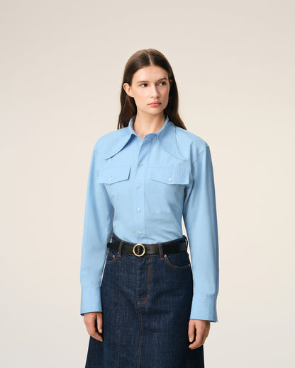 AmiParis Blue Cotton Sharp Collar Fitted Shirt Women's