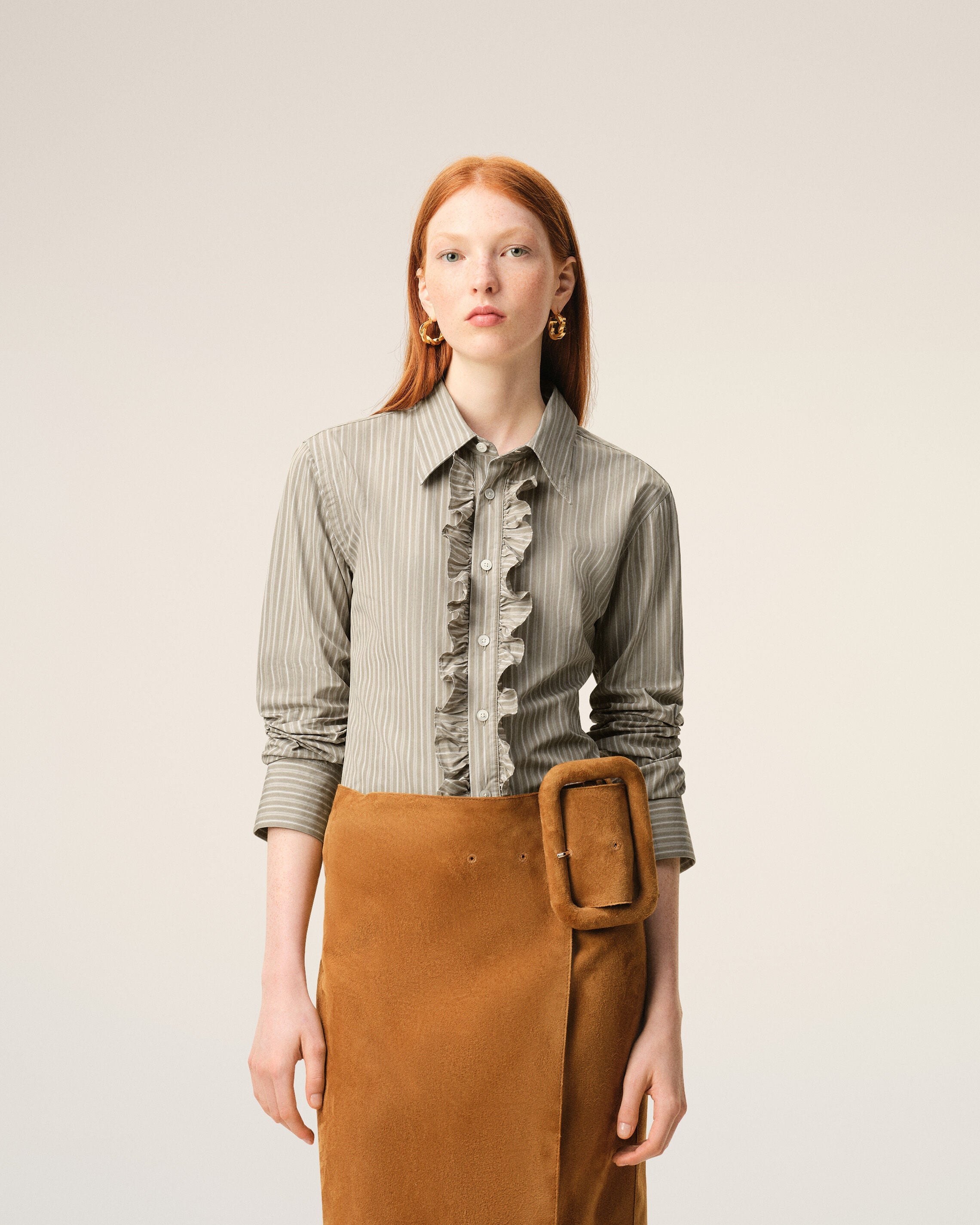 AmiParis Beige Cotton Long Sleeve Ruffled Adjusted Shirt Women's