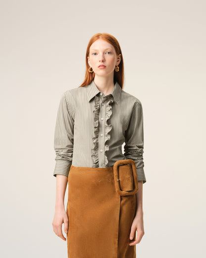 AmiParis Beige Cotton Long Sleeve Ruffled Adjusted Shirt Women's