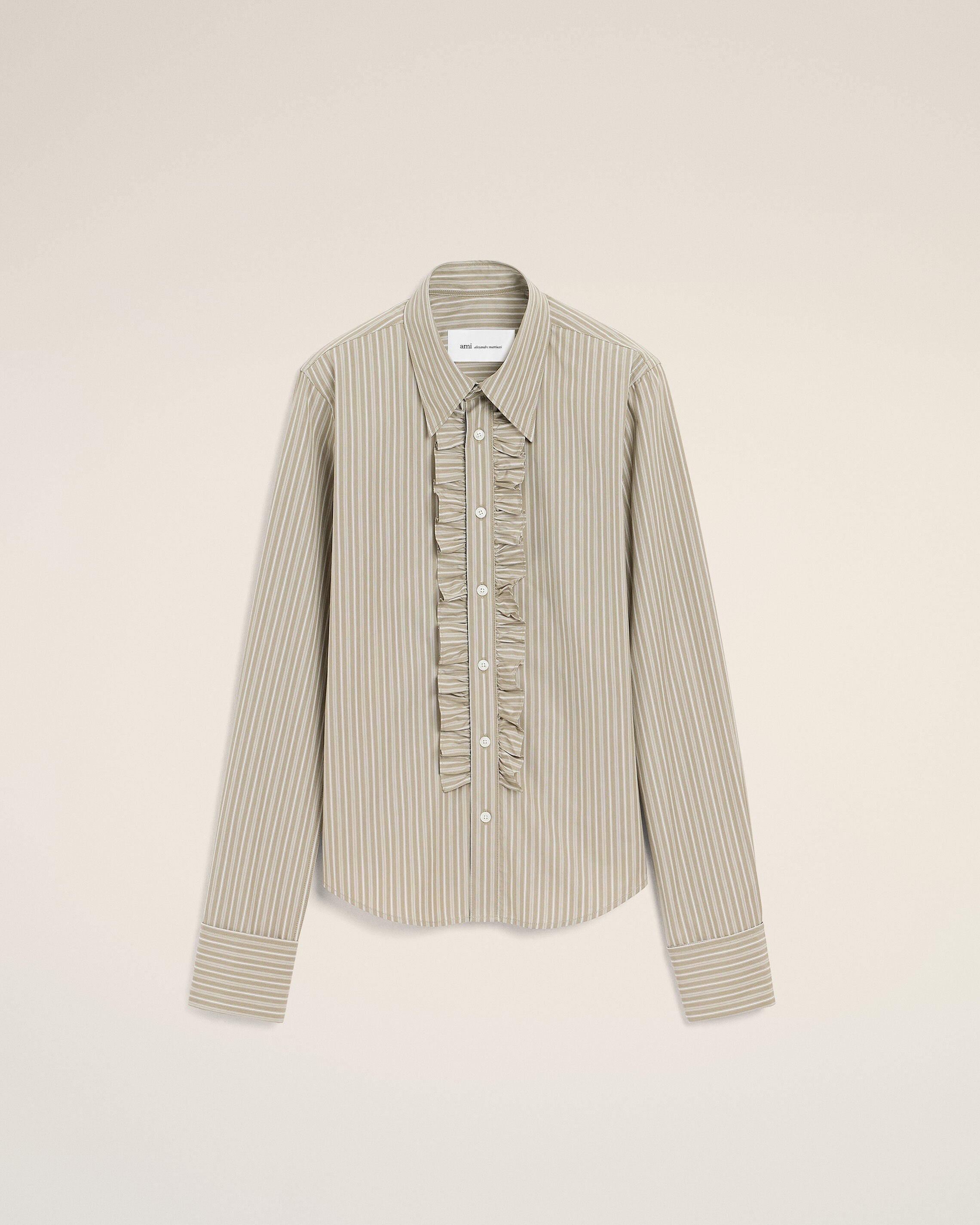 AmiParis Beige Cotton Long Sleeve Ruffled Adjusted Shirt Women's