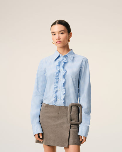 AmiParis Blue Cotton Long Sleeve Ruffled Adjusted Shirt Women's