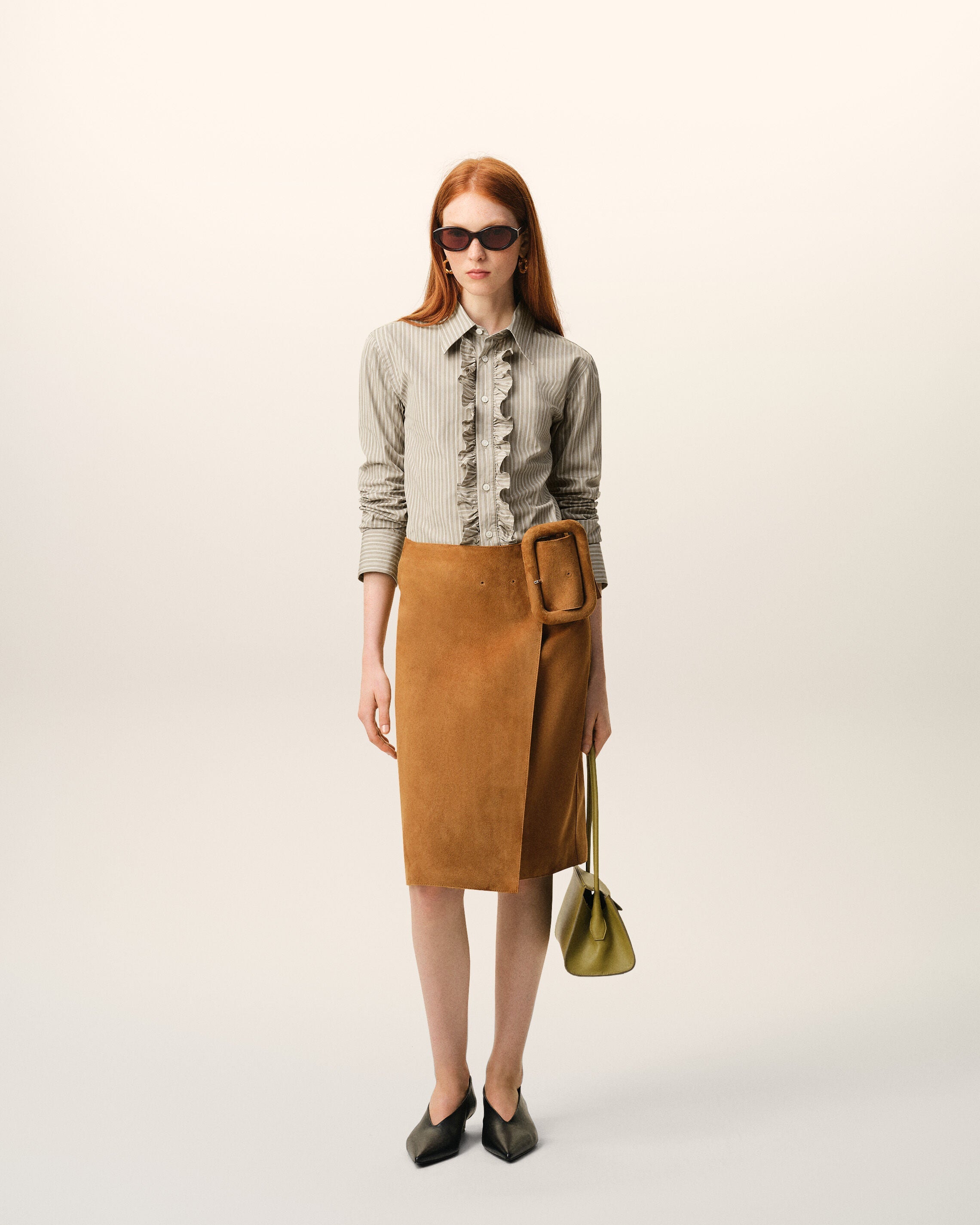 AmiParis Beige Cotton Long Sleeve Ruffled Adjusted Shirt Women's