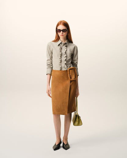 AmiParis Beige Cotton Long Sleeve Ruffled Adjusted Shirt Women's