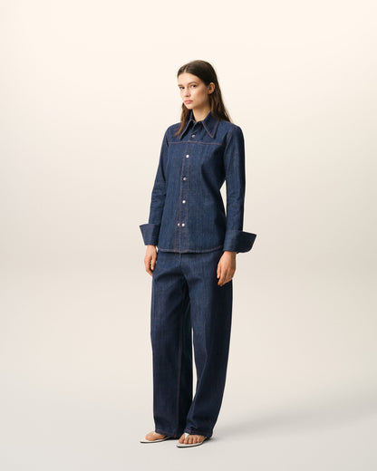 AmiParis Blue Cotton Sharp Collar Shirt Women's