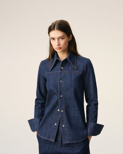 AmiParis Blue Cotton Sharp Collar Shirt Women's