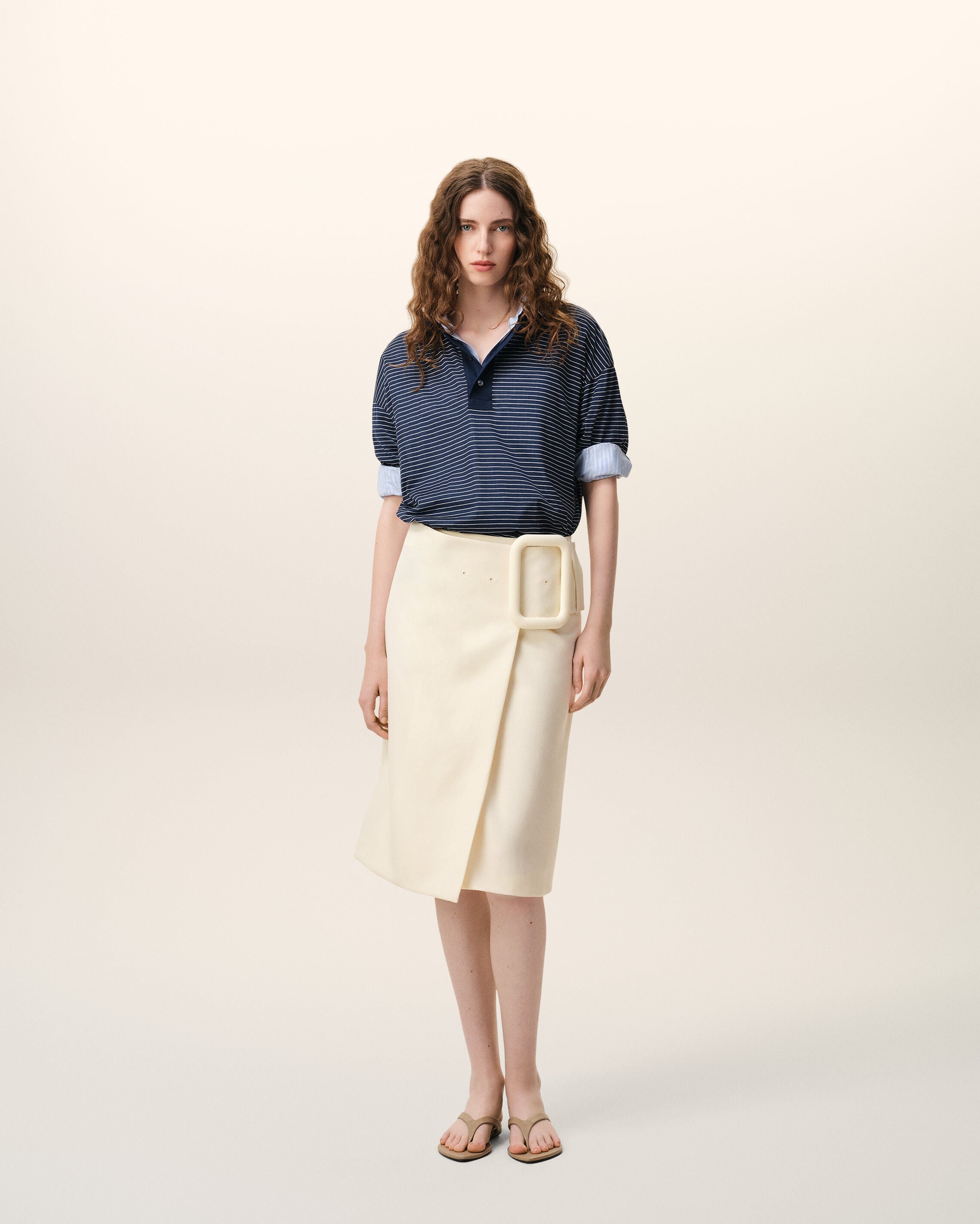 AmiParis White New Wool Big Buckle Belted Midi Skirt Women's