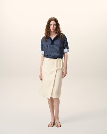 AmiParis White New Wool Big Buckle Belted Midi Skirt Women's