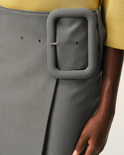 AmiParis Grey New Wool Big Buckle Belted Midi Skirt Women's