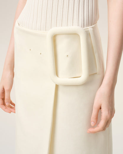 AmiParis White New Wool Big Buckle Belted Midi Skirt Women's