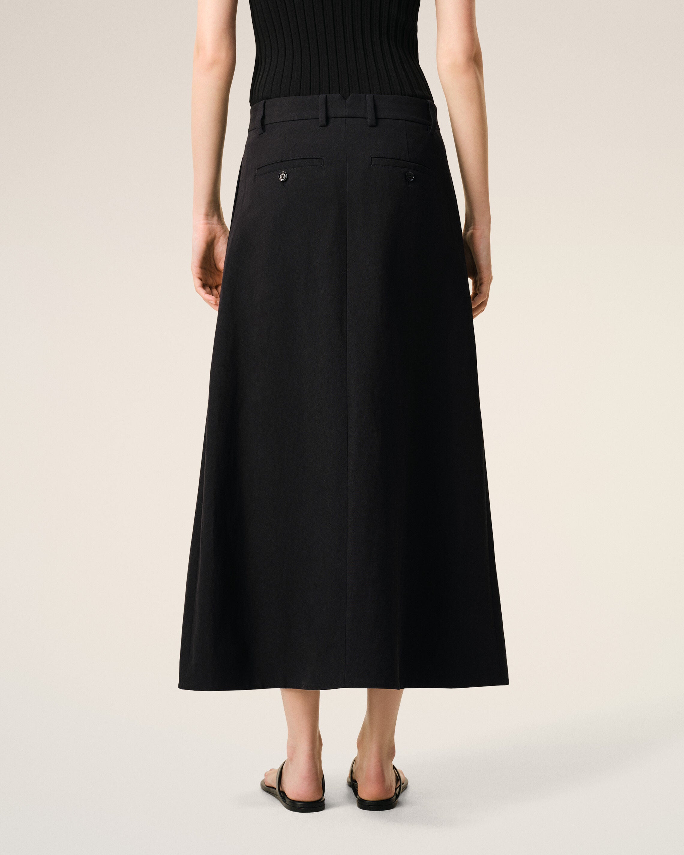 AmiParis Black Blended Linen Tailor Construction Long Trapeze Skirt Women's