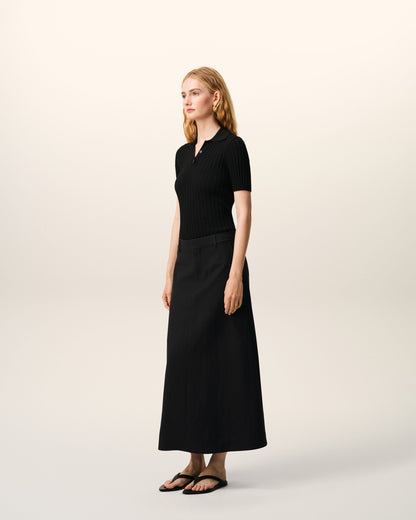 AmiParis Black Blended Linen Tailor Construction Long Trapeze Skirt Women's