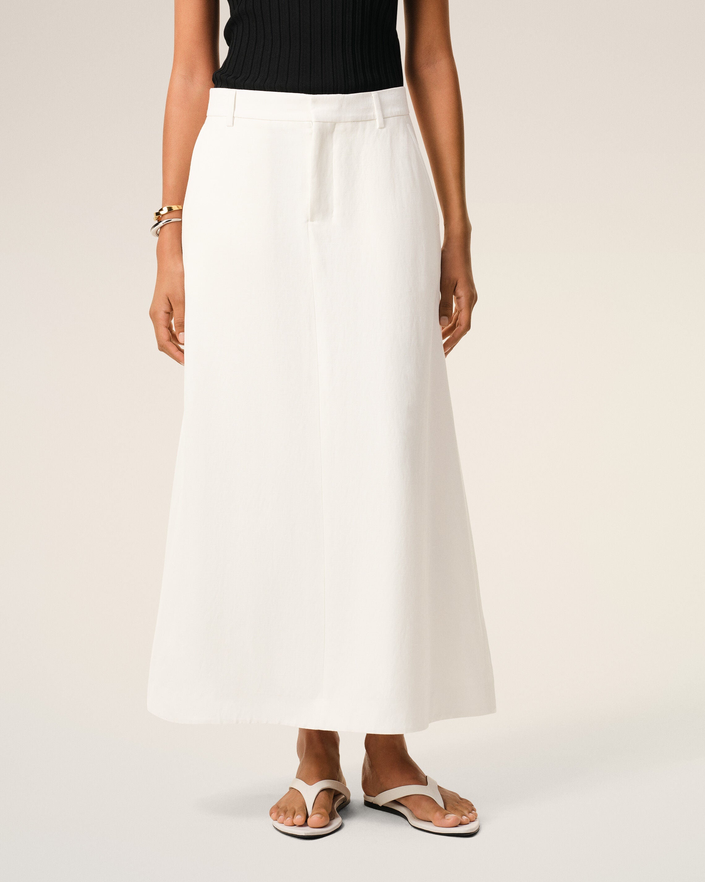 AmiParis White Blended Linen Tailor Construction Long Trapeze Skirt Women's