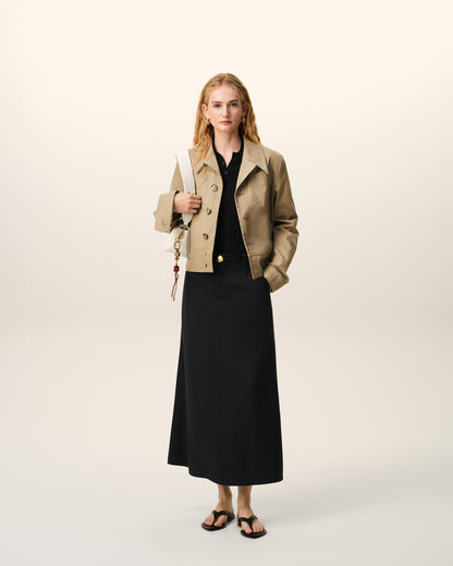 AmiParis Black Blended Linen Tailor Construction Long Trapeze Skirt Women's