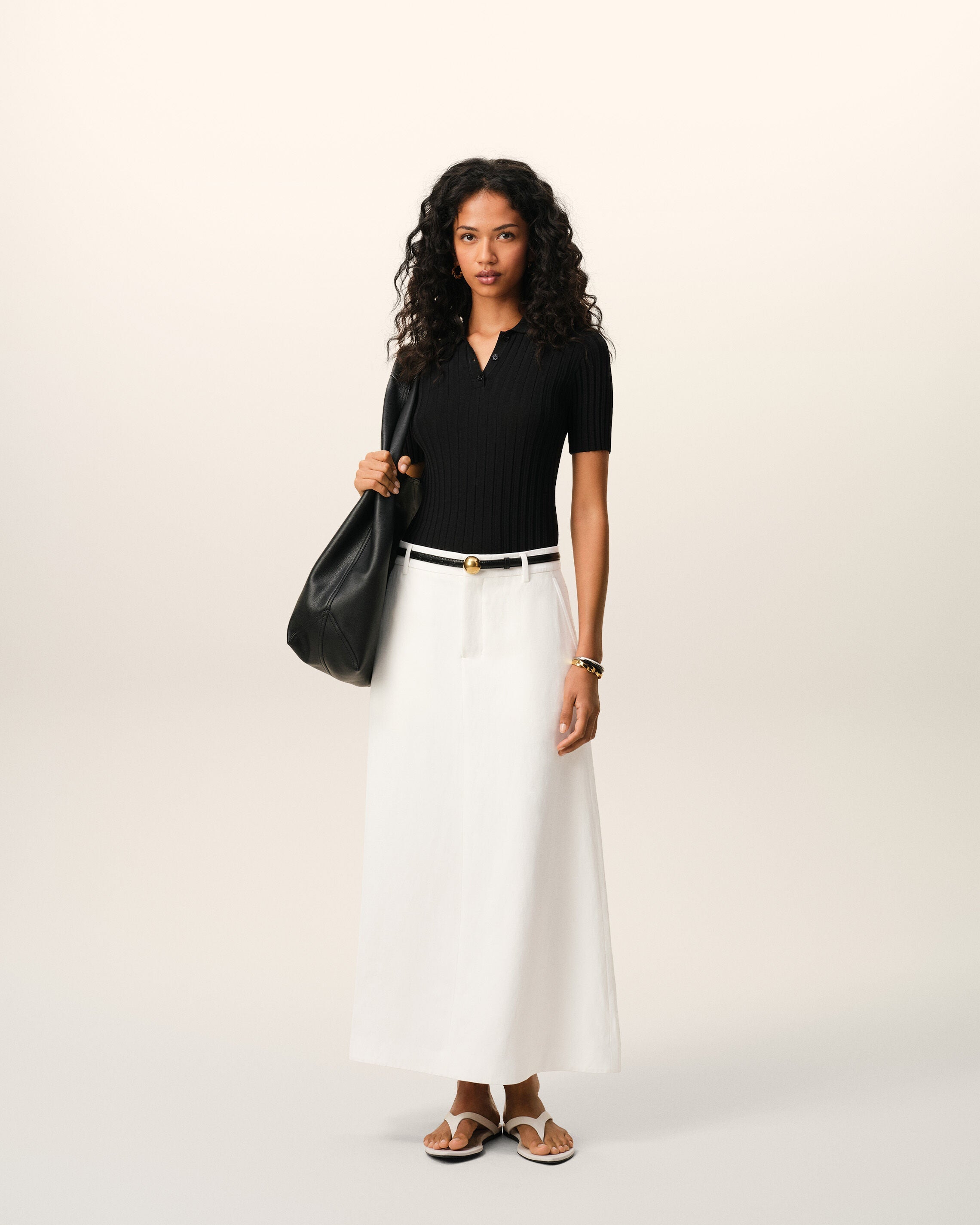 AmiParis White Blended Linen Tailor Construction Long Trapeze Skirt Women's