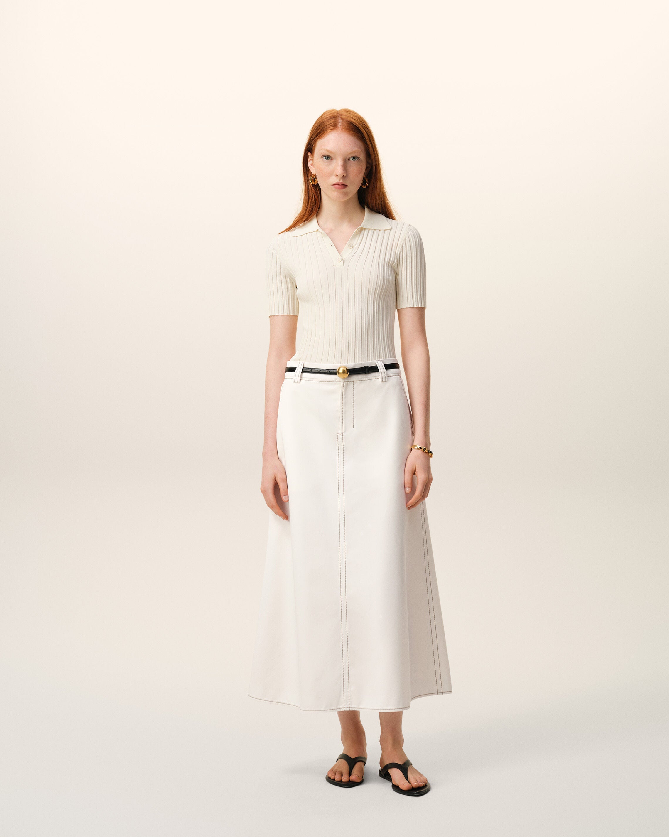 AmiParis White Cotton Gabardine Long Trapeze Skirt Women's