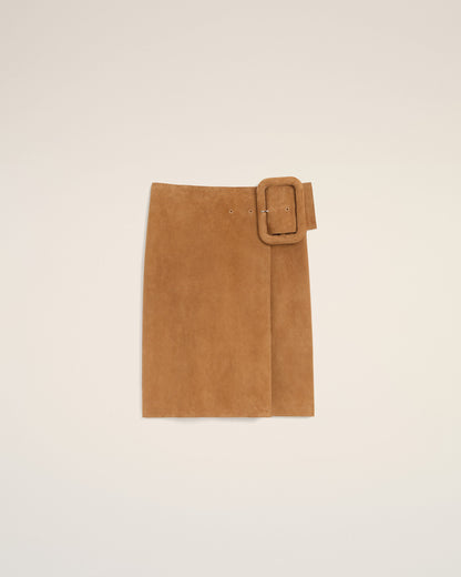 AmiParis Brown Goat Leather Big Buckle Belted Midi Skirt Women's