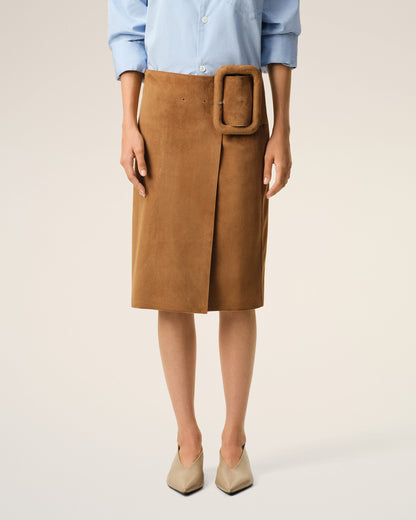 AmiParis Brown Goat Leather Big Buckle Belted Midi Skirt Women's