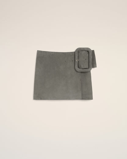 AmiParis Grey Goat Leather Big Buckle Belted Mini Skirt Women's