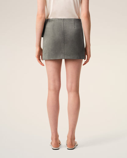 AmiParis Grey Goat Leather Big Buckle Belted Mini Skirt Women's