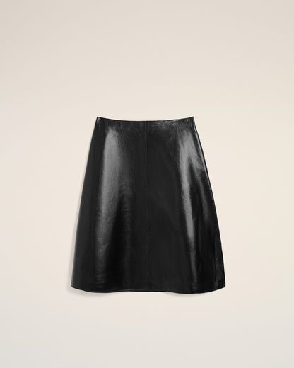 AmiParis Black Lamb Leather Midi Trapeze Skirt Women's