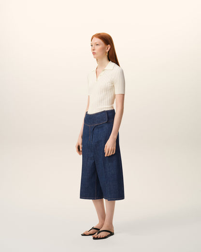 AmiParis Blue Cotton Wrapped Belted Bermuda Shorts Women's