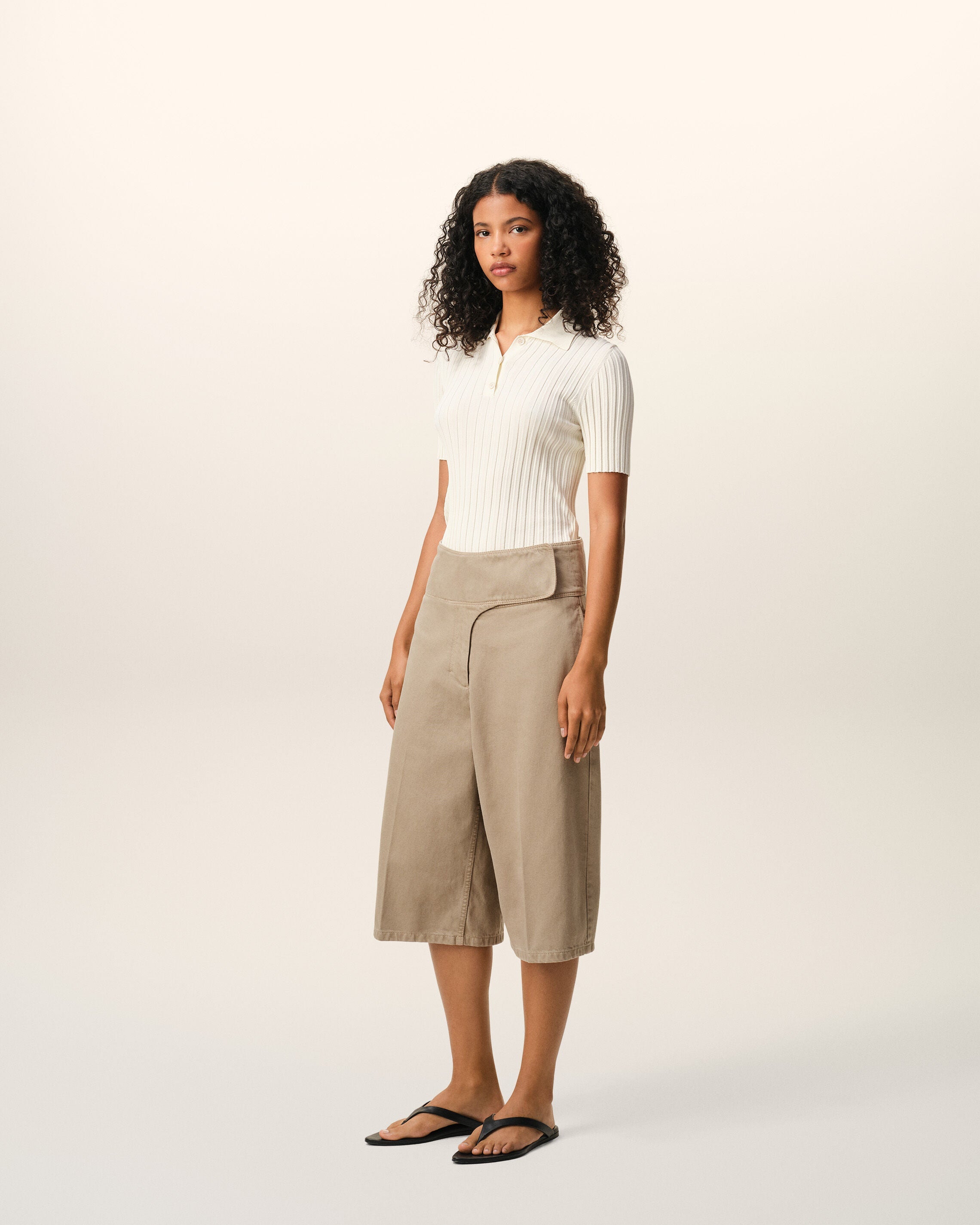 AmiParis Beige Cotton Wrapped Belted Bermuda Shorts Women's