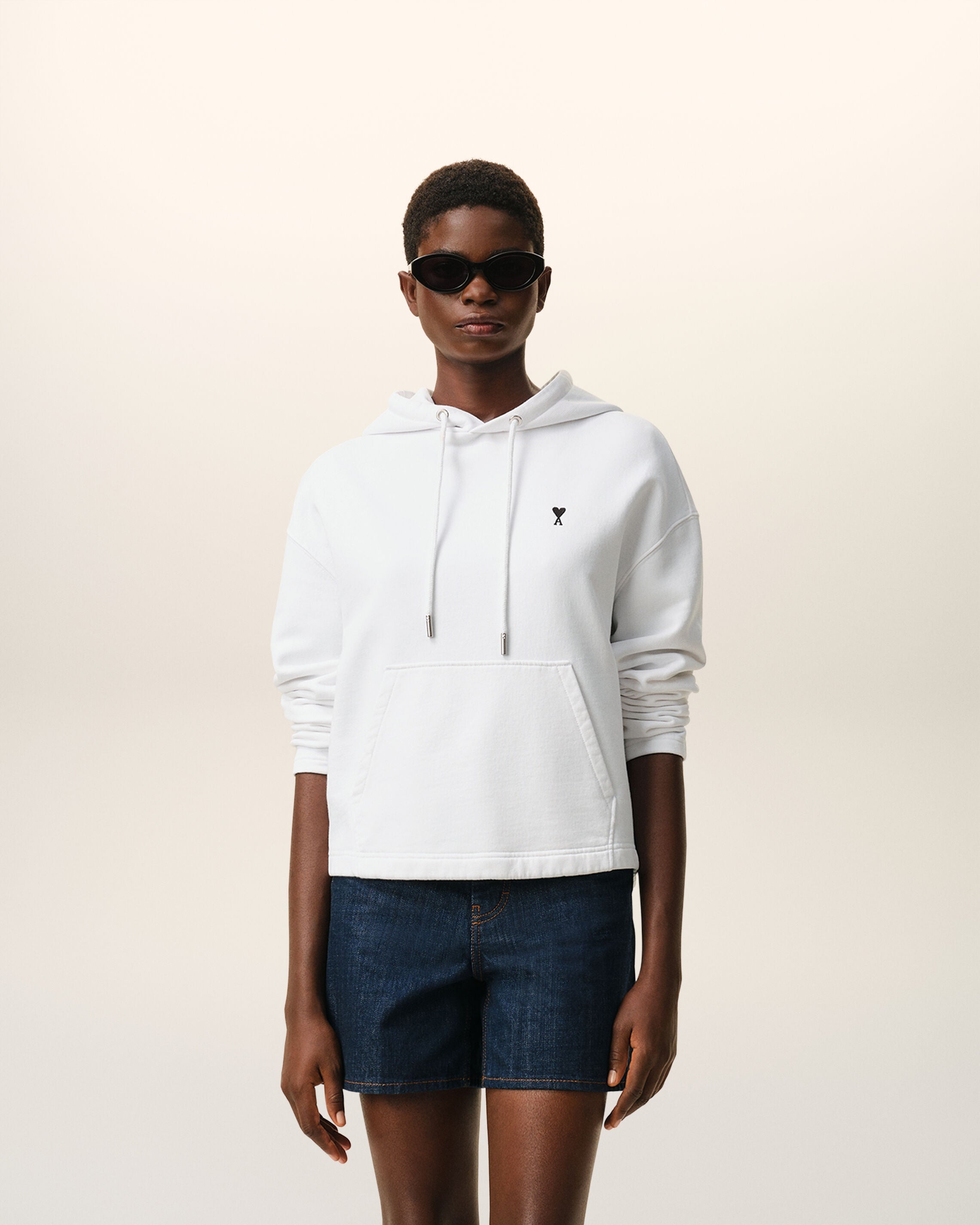 White Cotton Ami De Coeur Cropped Hoodie Women's