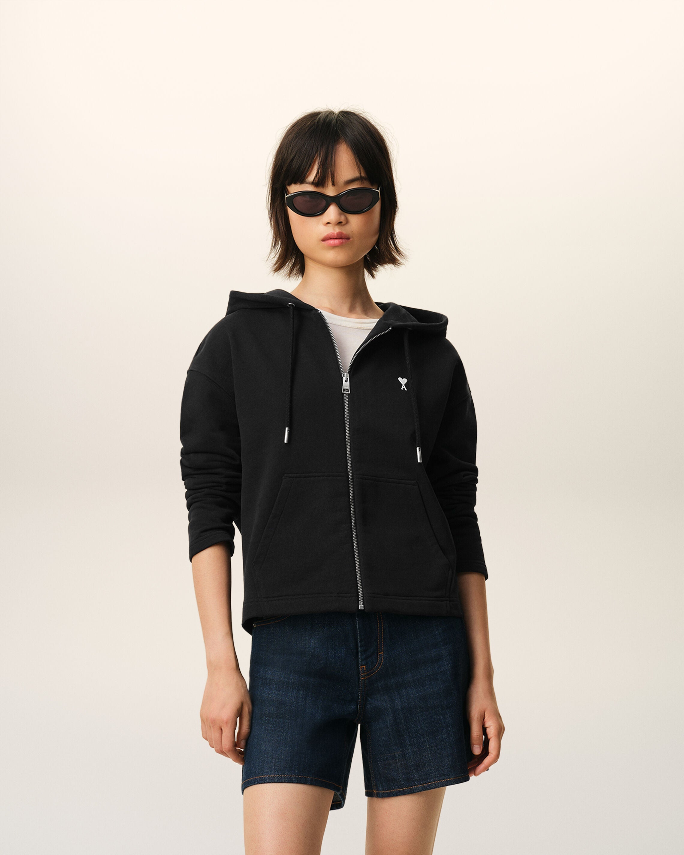 Black Cotton Ami De Coeur Zipped Hoodie Women's