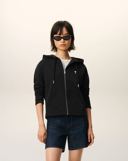 Black Cotton Ami De Coeur Zipped Hoodie Women's