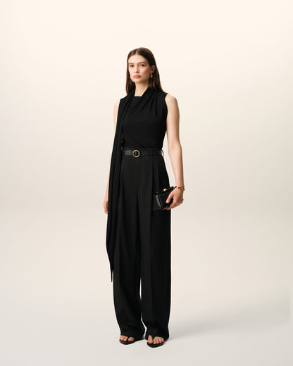 AmiParis Black Jersey Sleeveless Lavalliere Top Women's