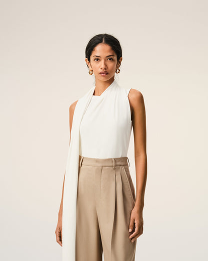 AmiParis White Jersey Sleeveless Lavalliere Top Women's
