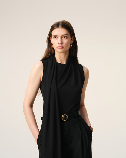 AmiParis Black Jersey Sleeveless Lavalliere Top Women's