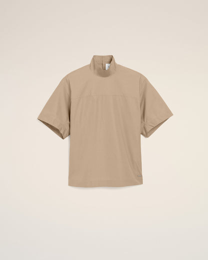 AmiParis Beige Cotton Stand Up Collar Buttoned Top Women's
