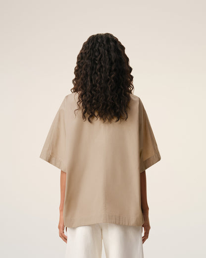 AmiParis Beige Cotton Stand Up Collar Buttoned Top Women's