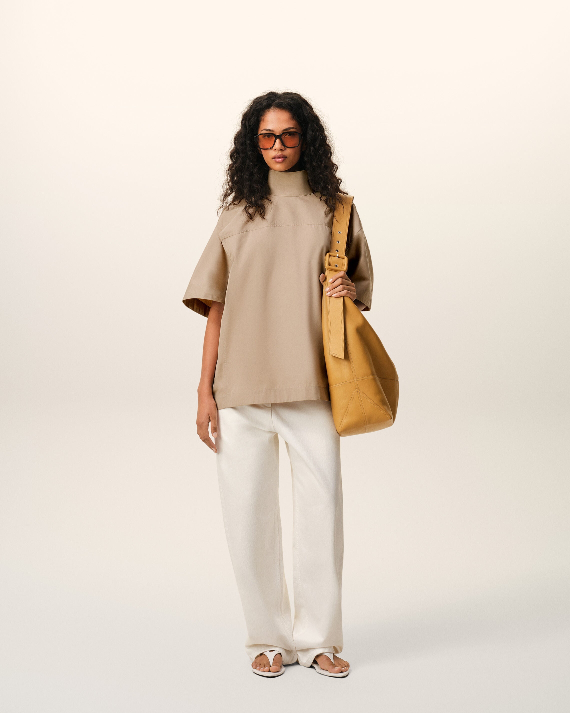 AmiParis Beige Cotton Stand Up Collar Buttoned Top Women's