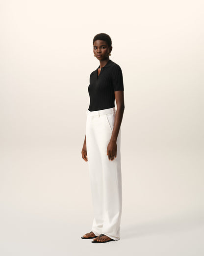 AmiParis White Blended Linen Low Waist Straight Pant Women's