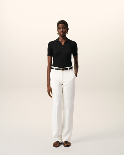 AmiParis White Blended Linen Low Waist Straight Pant Women's