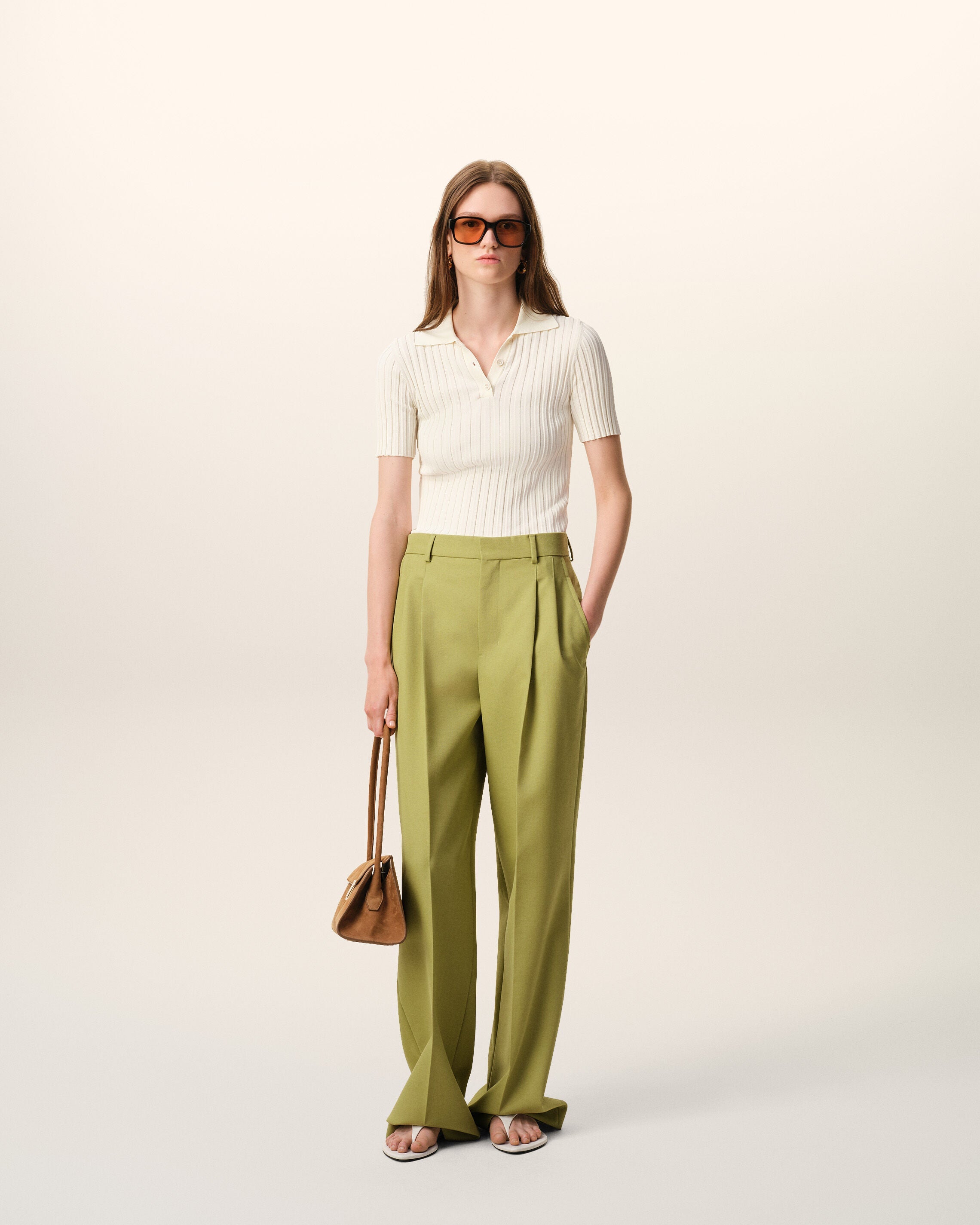 AmiParis Green New Wool Low Waist Wide Trousers Women's