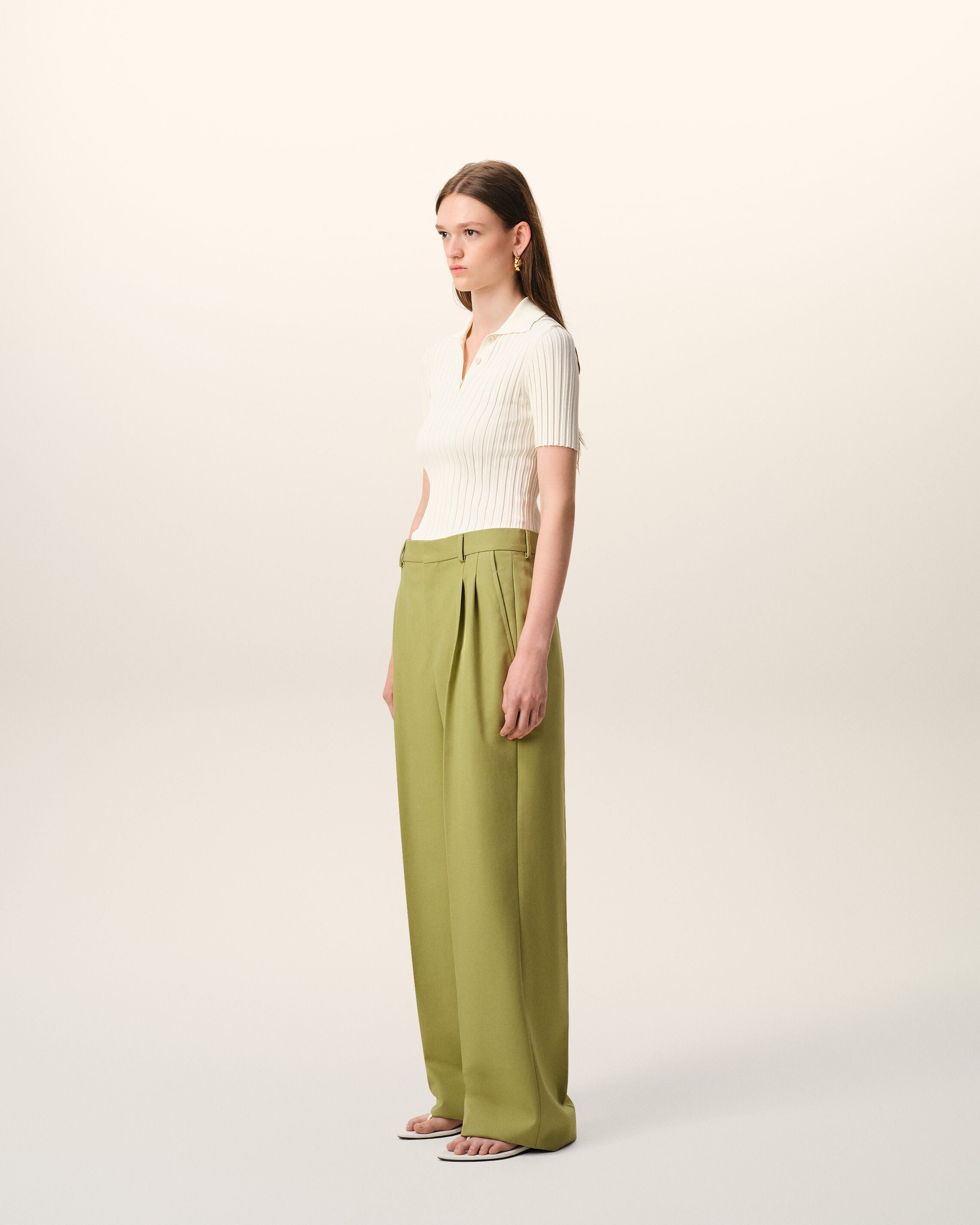 AmiParis Green New Wool Low Waist Wide Trousers Women's