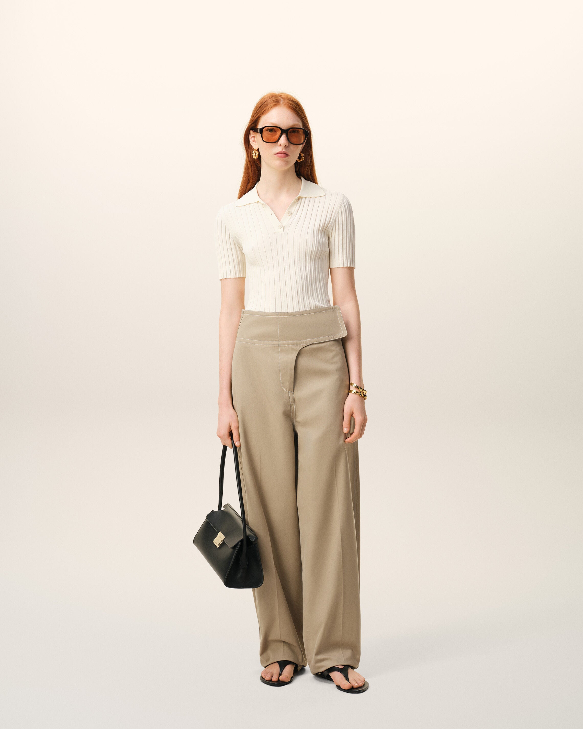 AmiParis Beige Cotton Wrapped Belted Trousers Women's