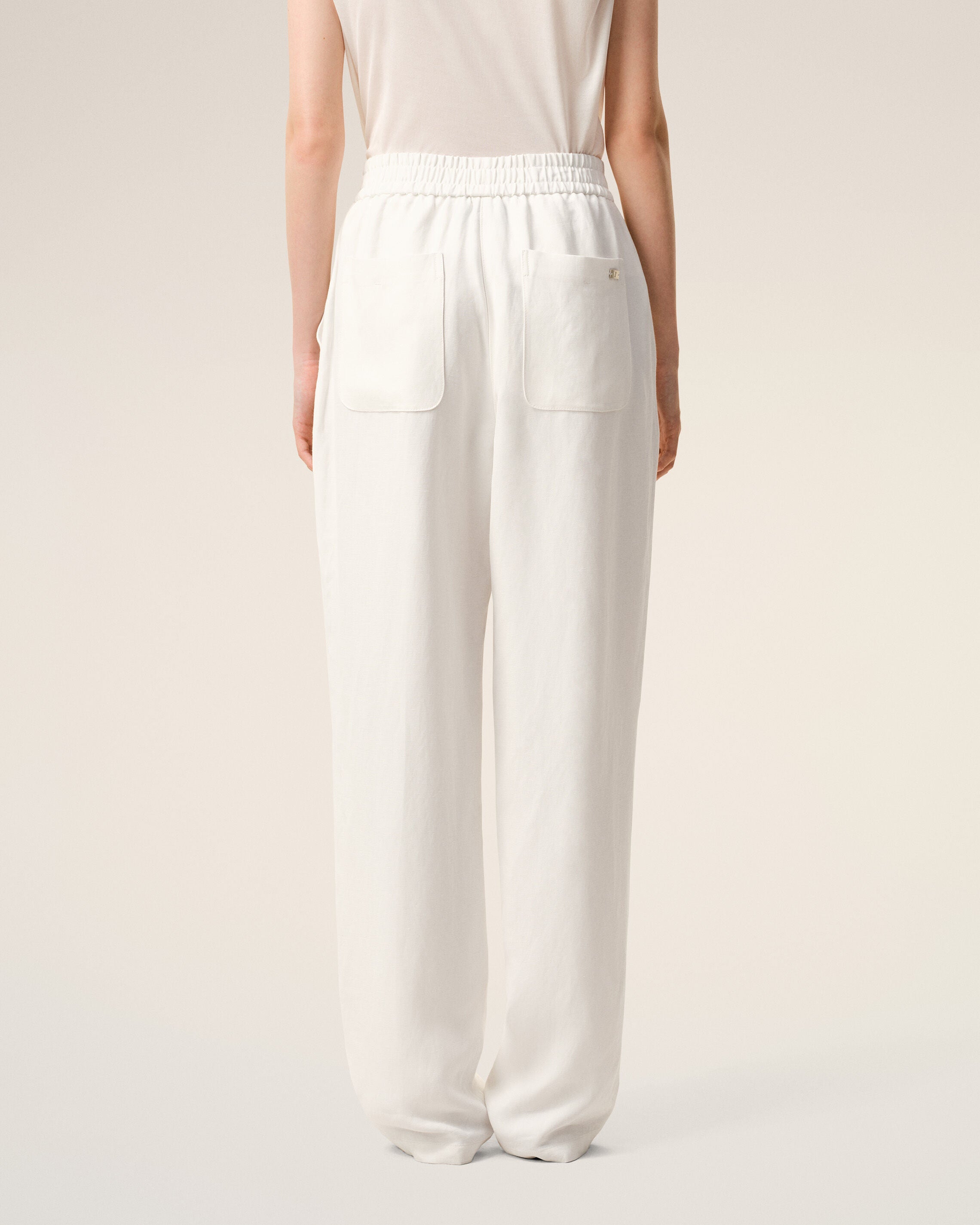 AmiParis White Blended Linen Elasticated Waist Trousers Women's